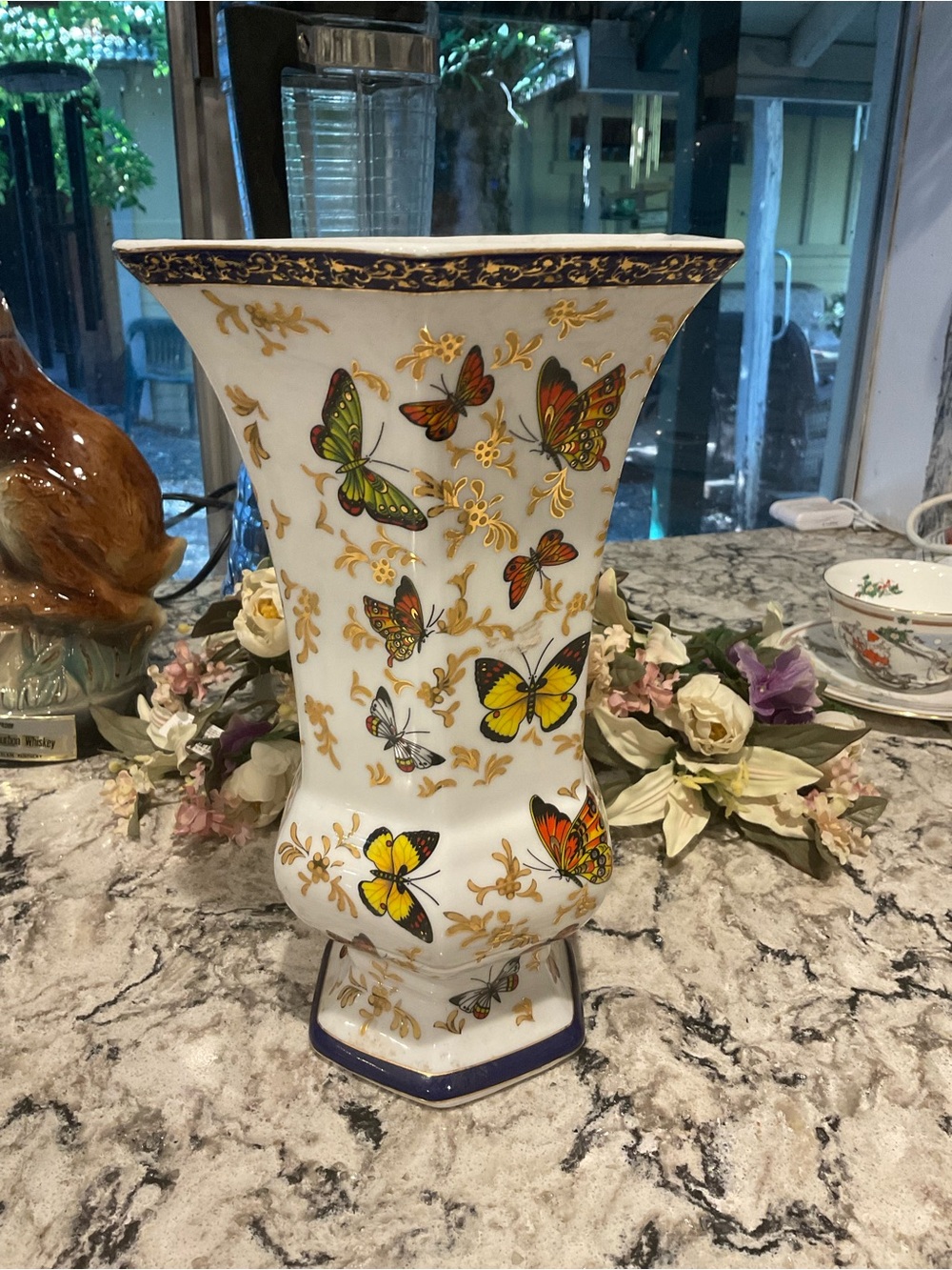 Porcelain Butterfly Accent Vase in White with Gold Trim